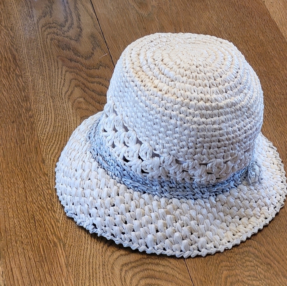1960s Handwoven In Italy White Raffia Bucket/Sun Hat Blue Trim One Size